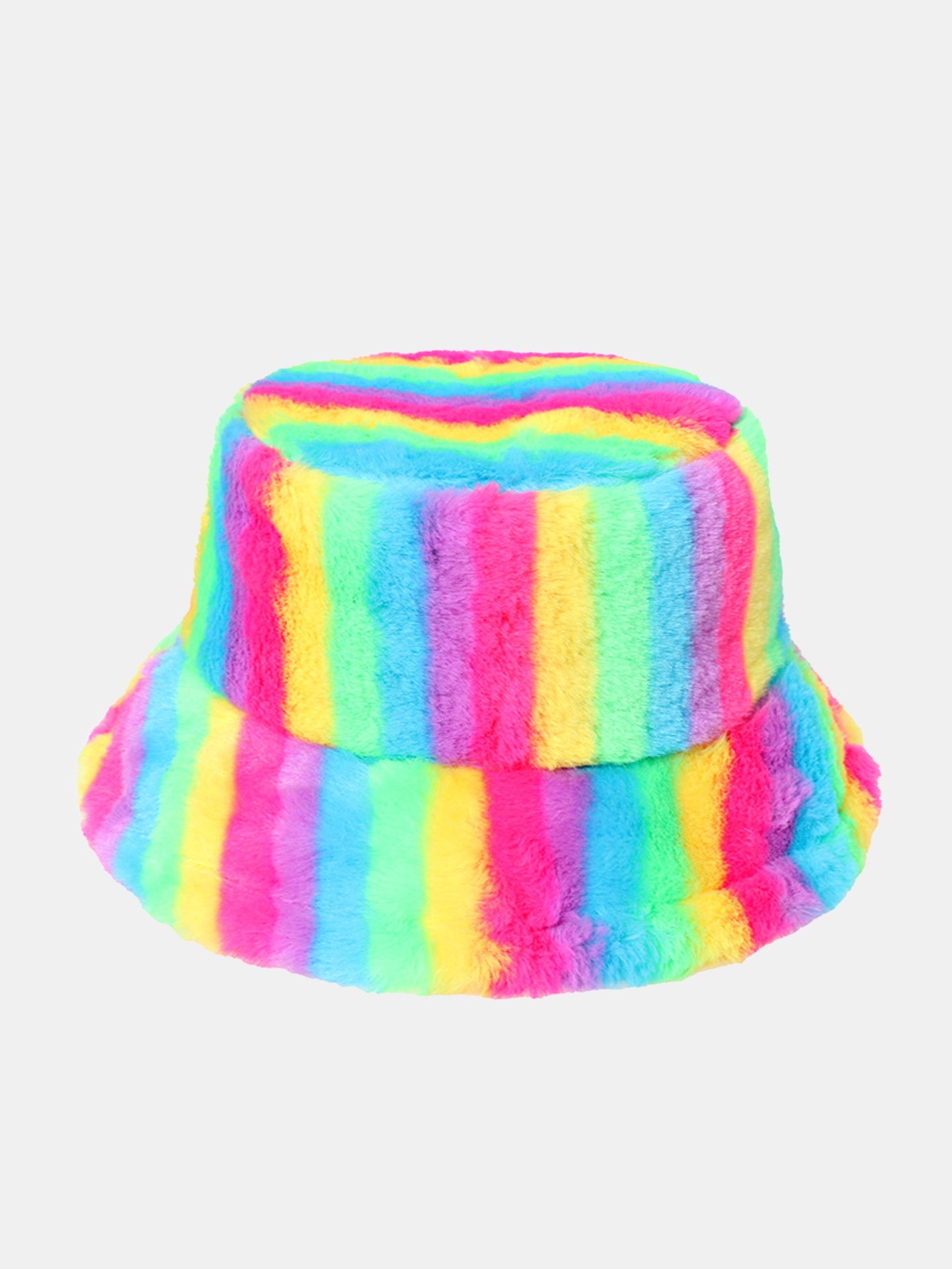 Rainbow Striped Faux Fur Bucket Hat Soft Fluffy Fisherman Cap