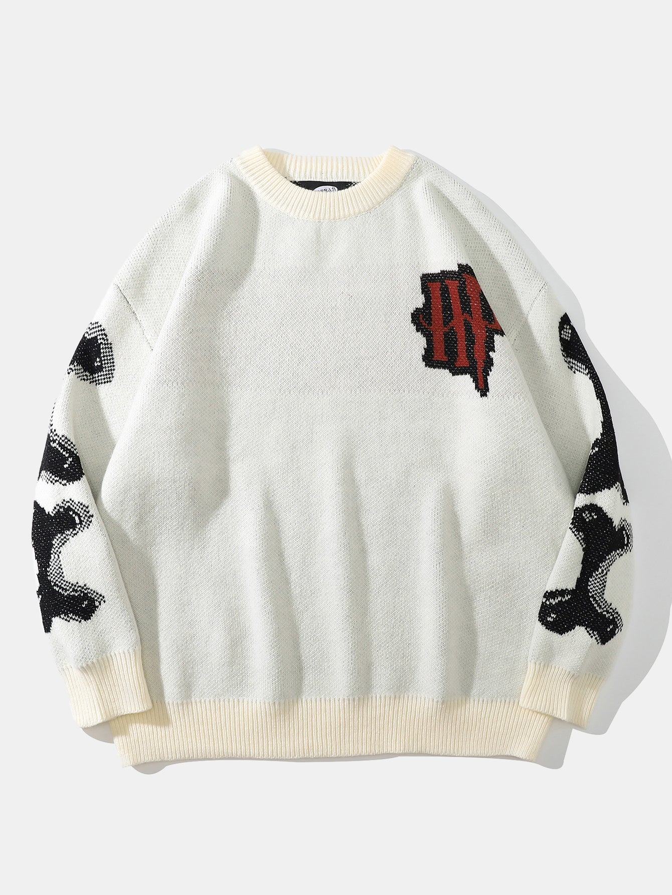 Skeleton Back Print Crew Neck Knit Sweater