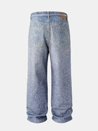 Rhinestone Washed Distressed Denim Wide-Leg Baggy Pants
