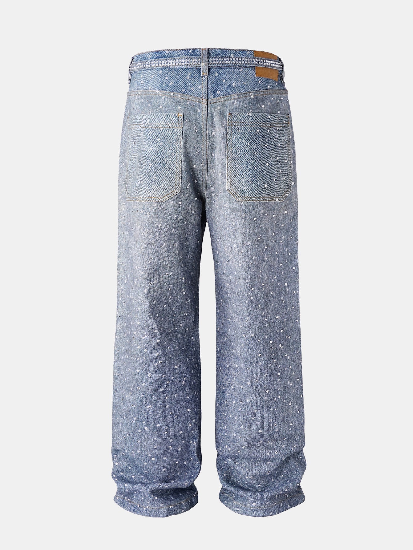 Rhinestone Washed Distressed Denim Wide-Leg Baggy Pants