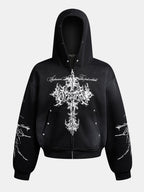 Distressed Cross Print Zipper Hoodie
