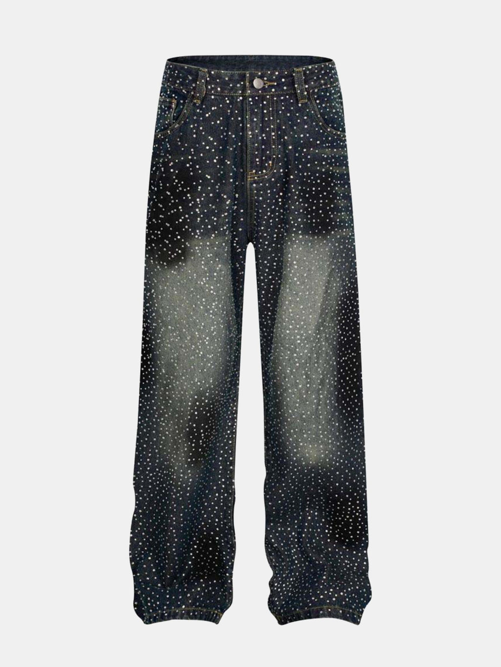 Rhinestone Washed Distressed Denim Wide-Leg Pants