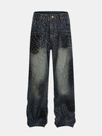 Rhinestone Washed Distressed Denim Wide-Leg Pants