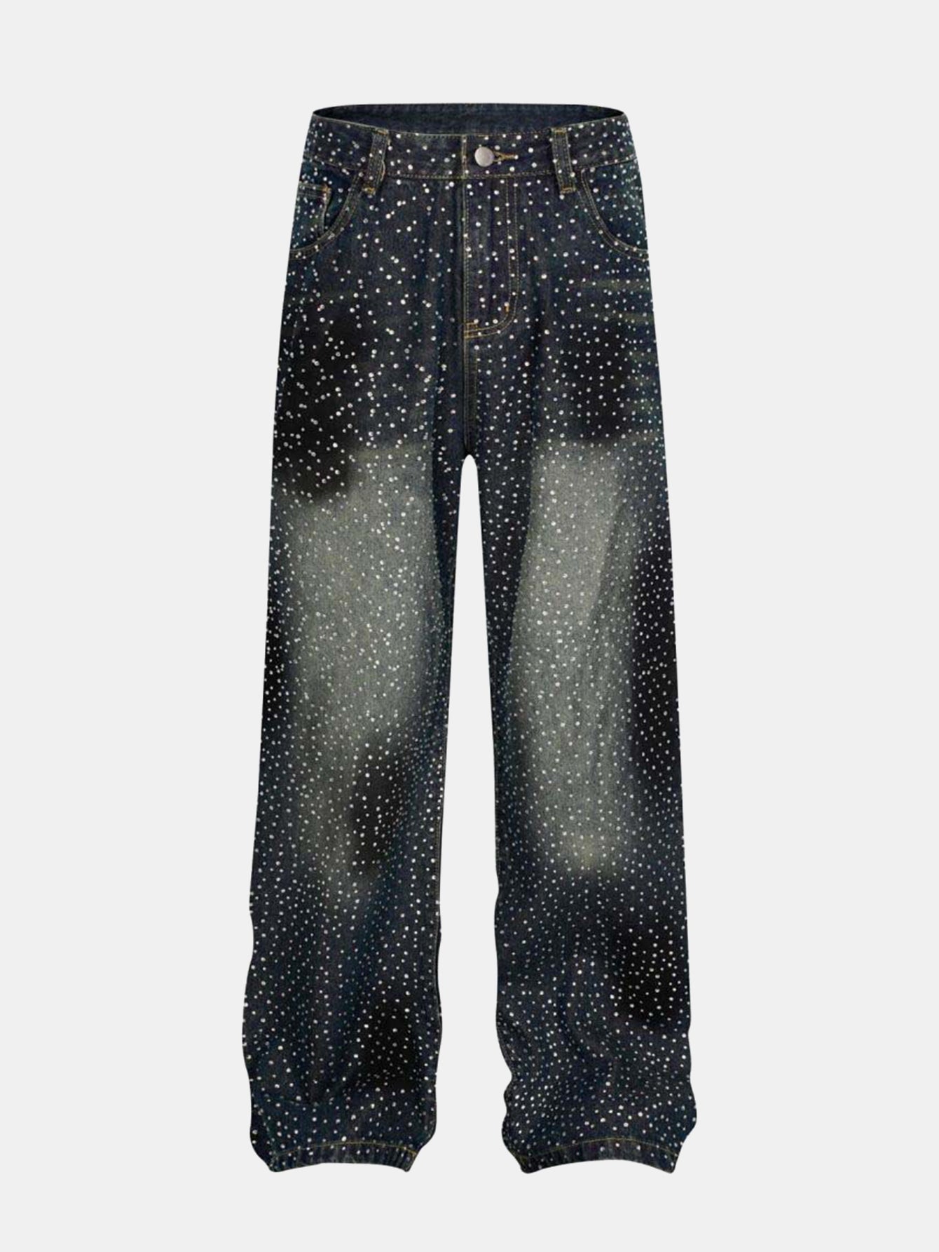 Rhinestone Washed Distressed Denim Wide-Leg Pants