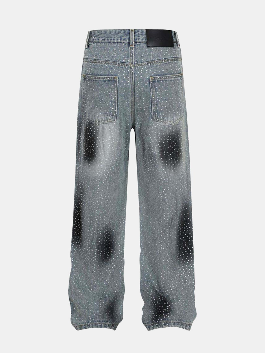 Rhinestone Washed Distressed Denim Wide-Leg Pants