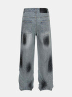 Rhinestone Washed Distressed Denim Wide-Leg Pants