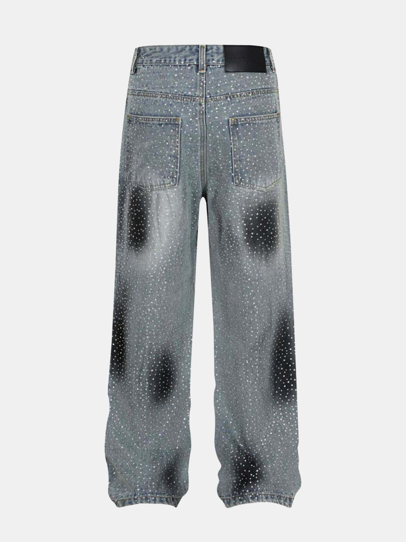 Rhinestone Washed Distressed Denim Wide-Leg Pants