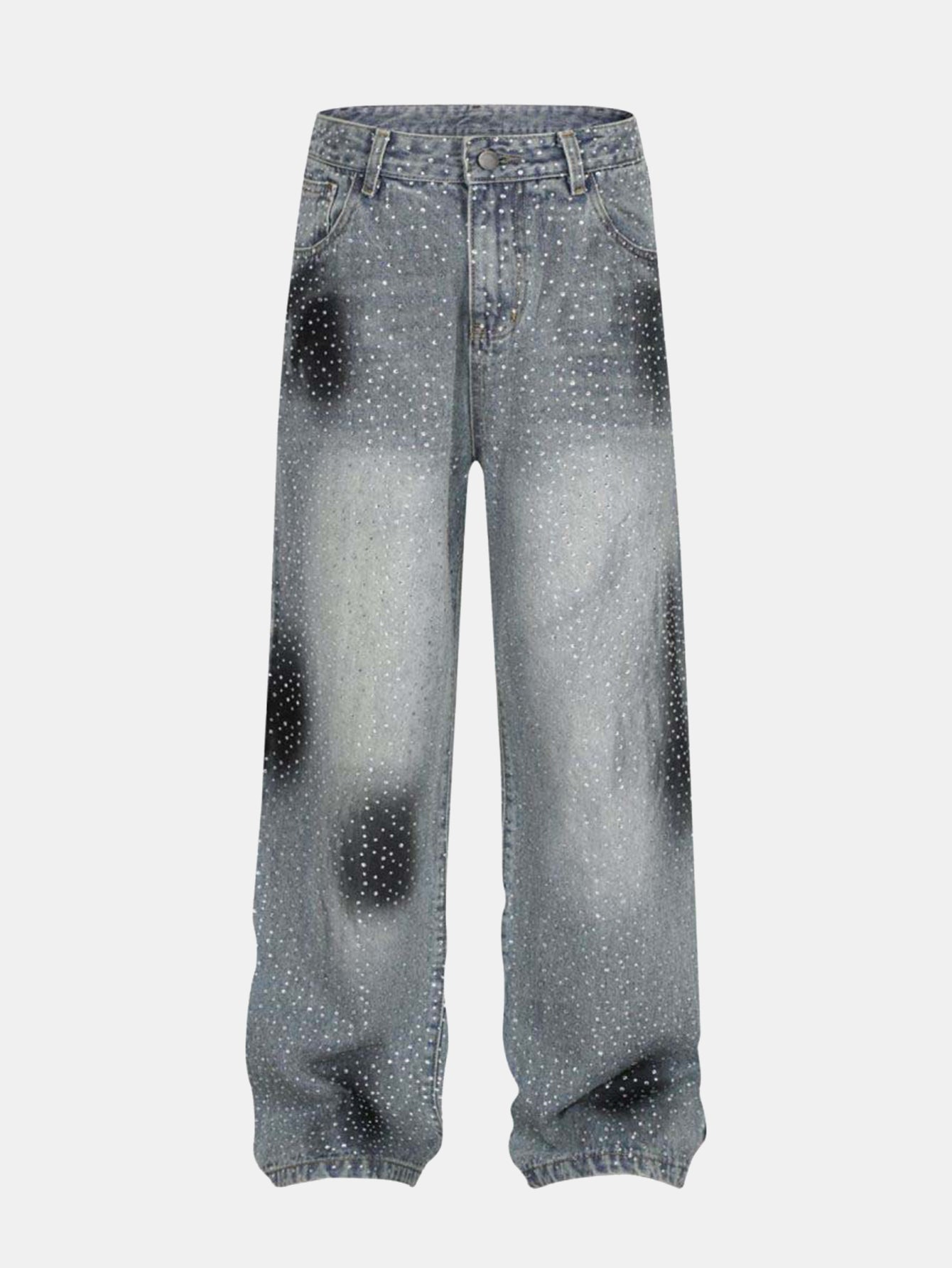 Rhinestone Washed Distressed Denim Wide-Leg Pants