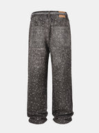 Rhinestone Washed Distressed Denim Wide-Leg Baggy Pants