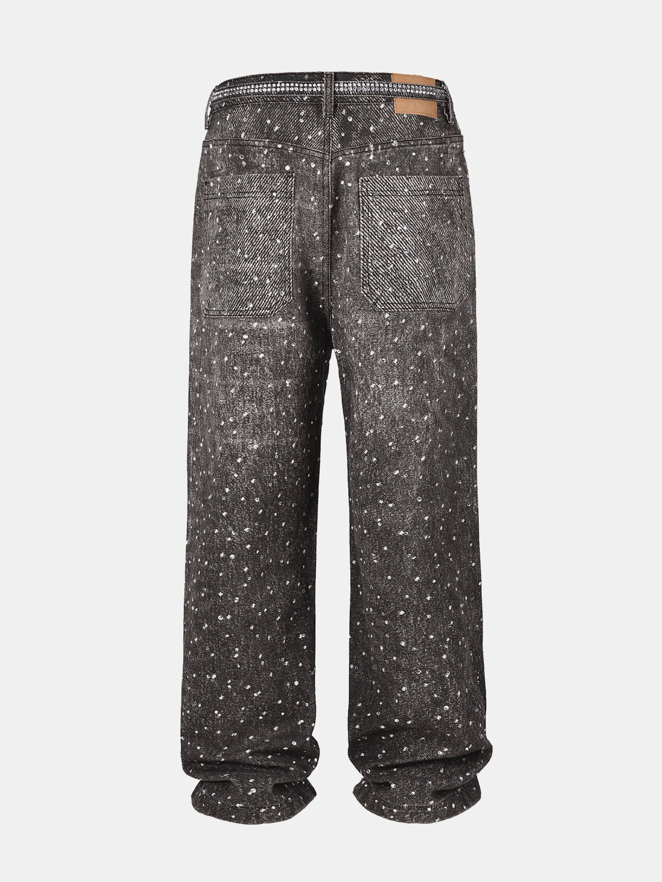 Rhinestone Washed Distressed Denim Wide-Leg Baggy Pants