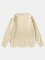 Cat Printed Distressed Knit Sweater