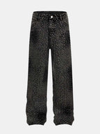 Rhinestone Washed Distressed Denim Wide-Leg Pants