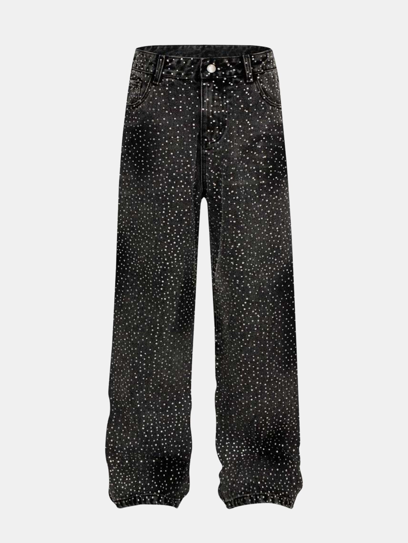Rhinestone Washed Distressed Denim Wide-Leg Pants