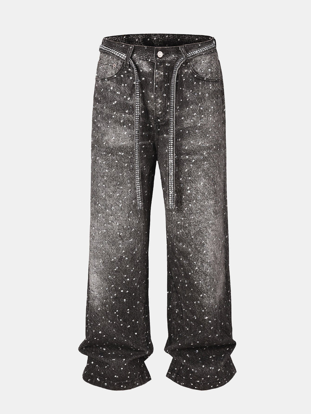 Rhinestone Washed Distressed Denim Wide-Leg Baggy Pants