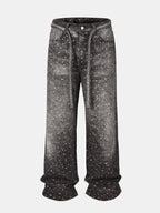 Rhinestone Washed Distressed Denim Wide-Leg Baggy Pants