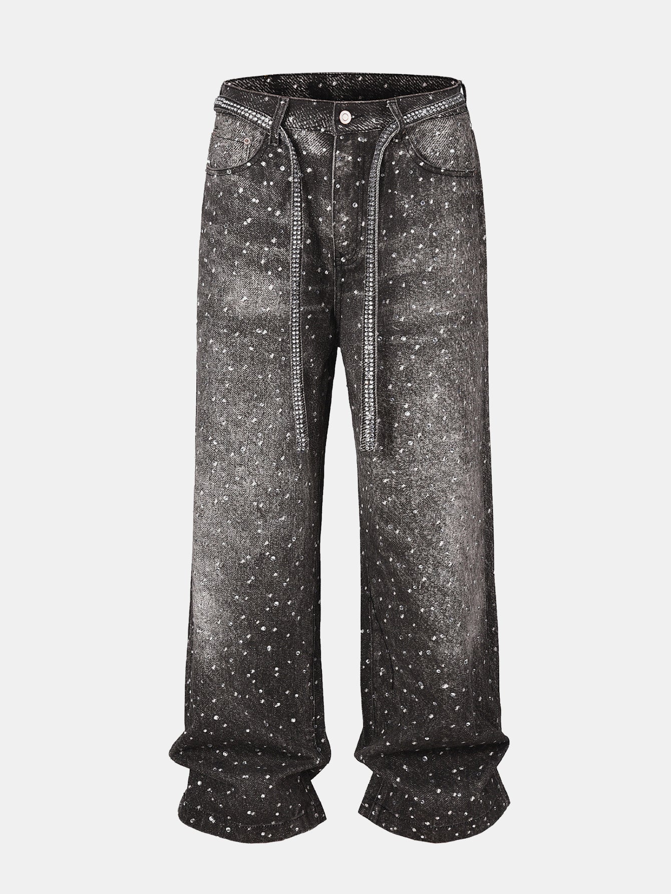 Rhinestone Washed Distressed Denim Wide-Leg Baggy Pants