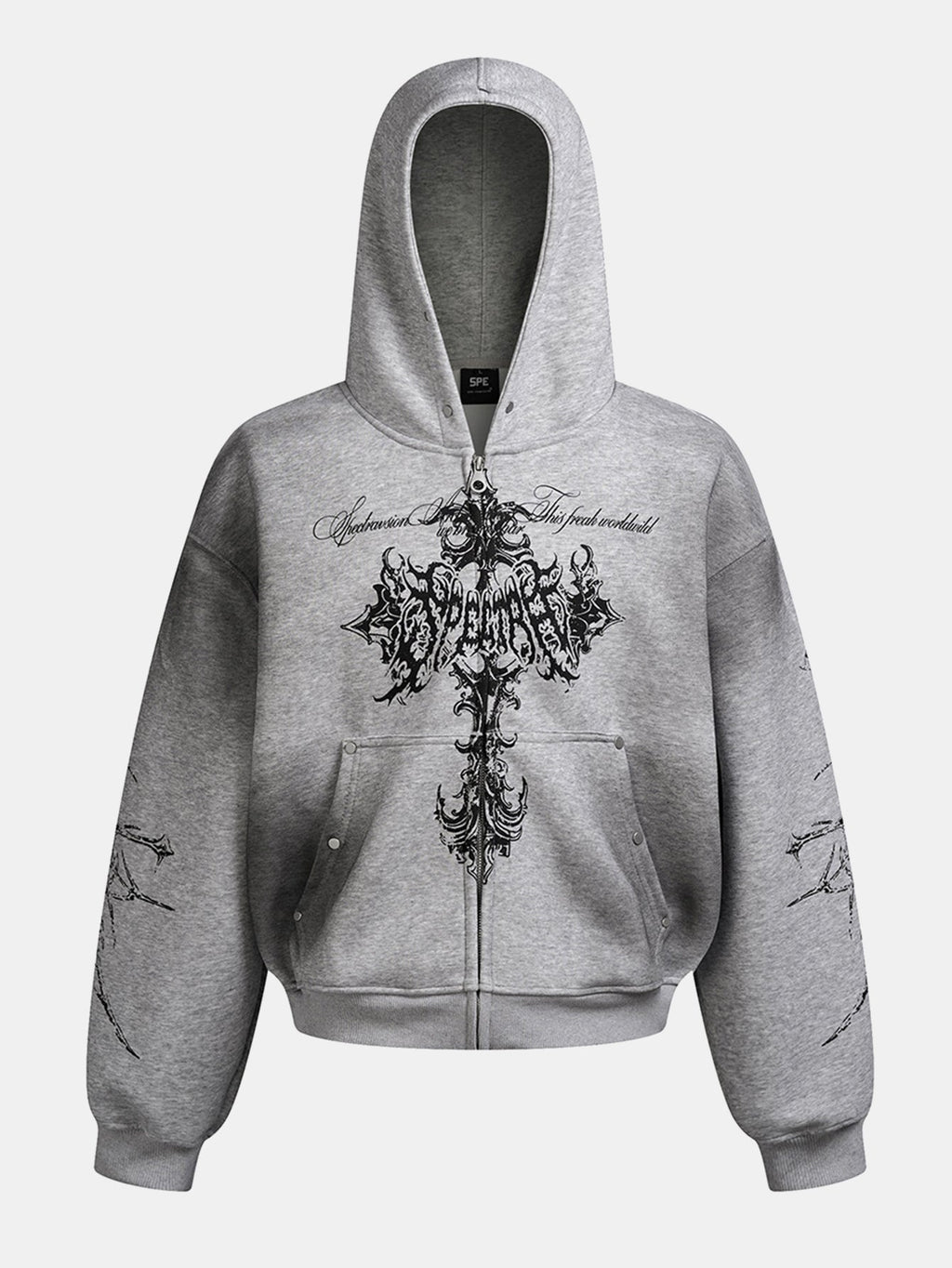 Distressed Cross Print Zipper Hoodie