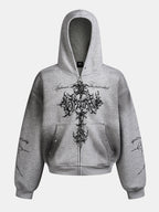 Distressed Cross Print Zipper Hoodie