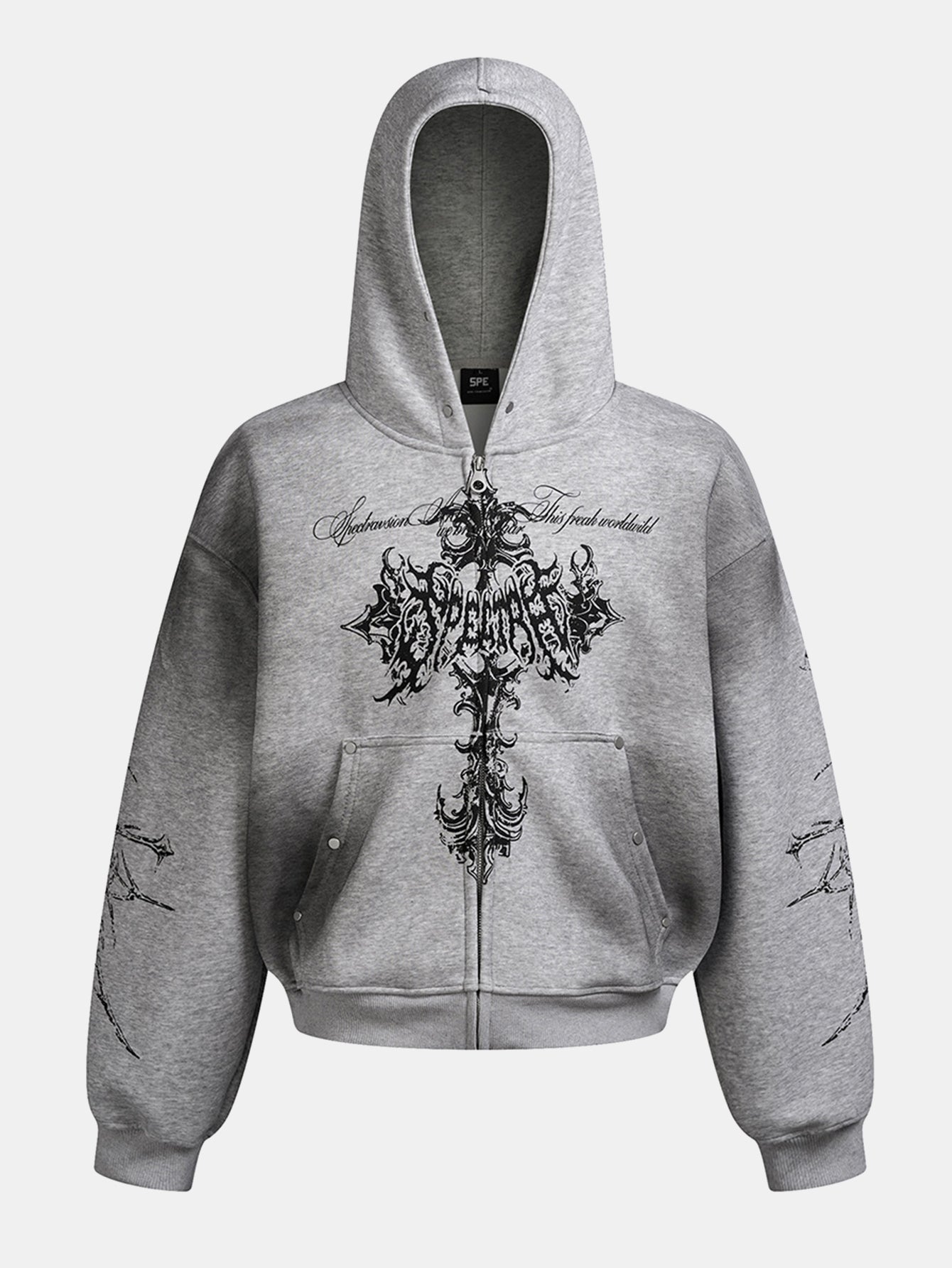 Distressed Cross Print Zipper Hoodie