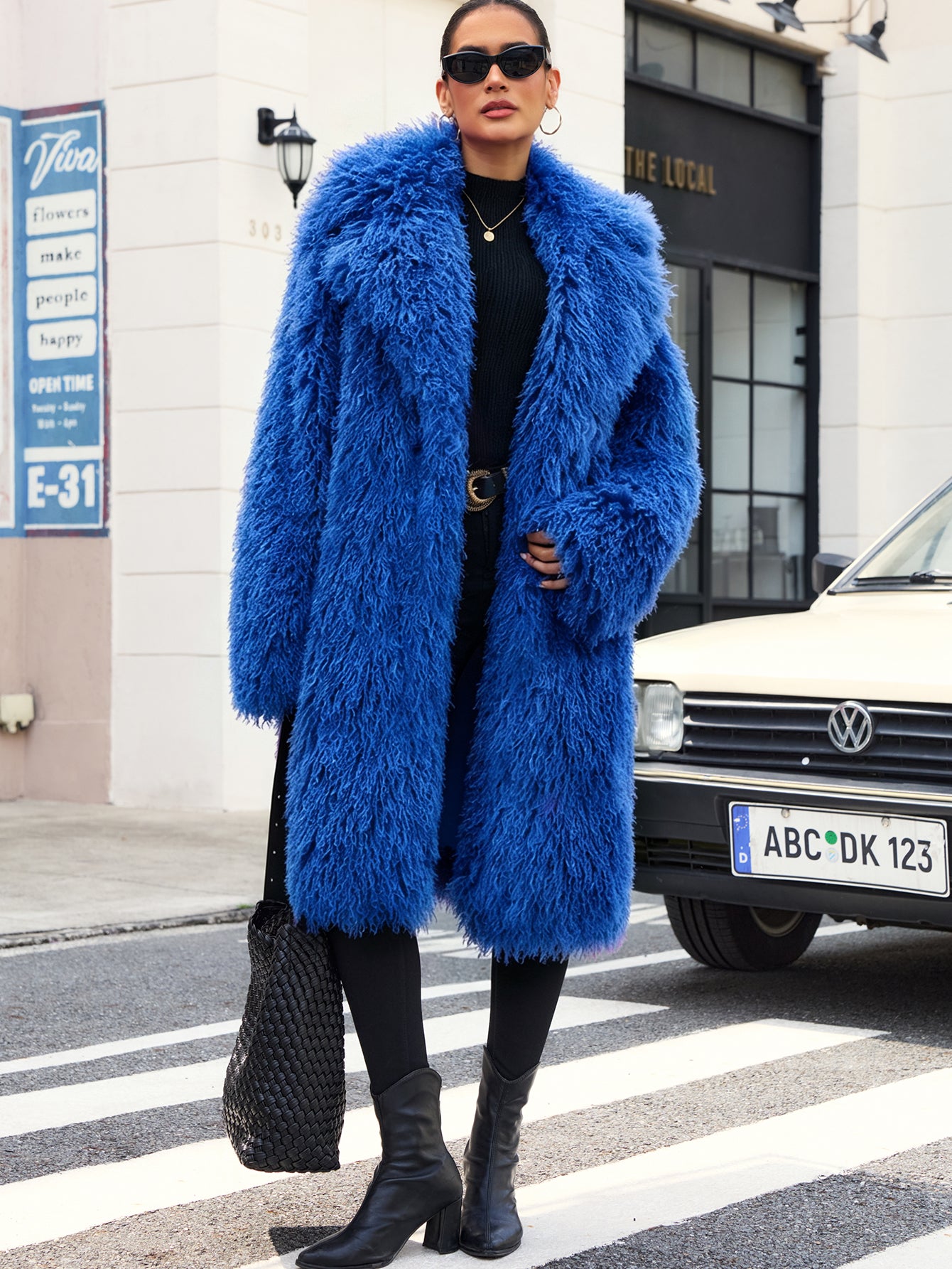 Women Solid Shaggy Faux Fur Mid-Long Coat Oversized Lapel Fluffy Furry Open Front Winter Outerwear