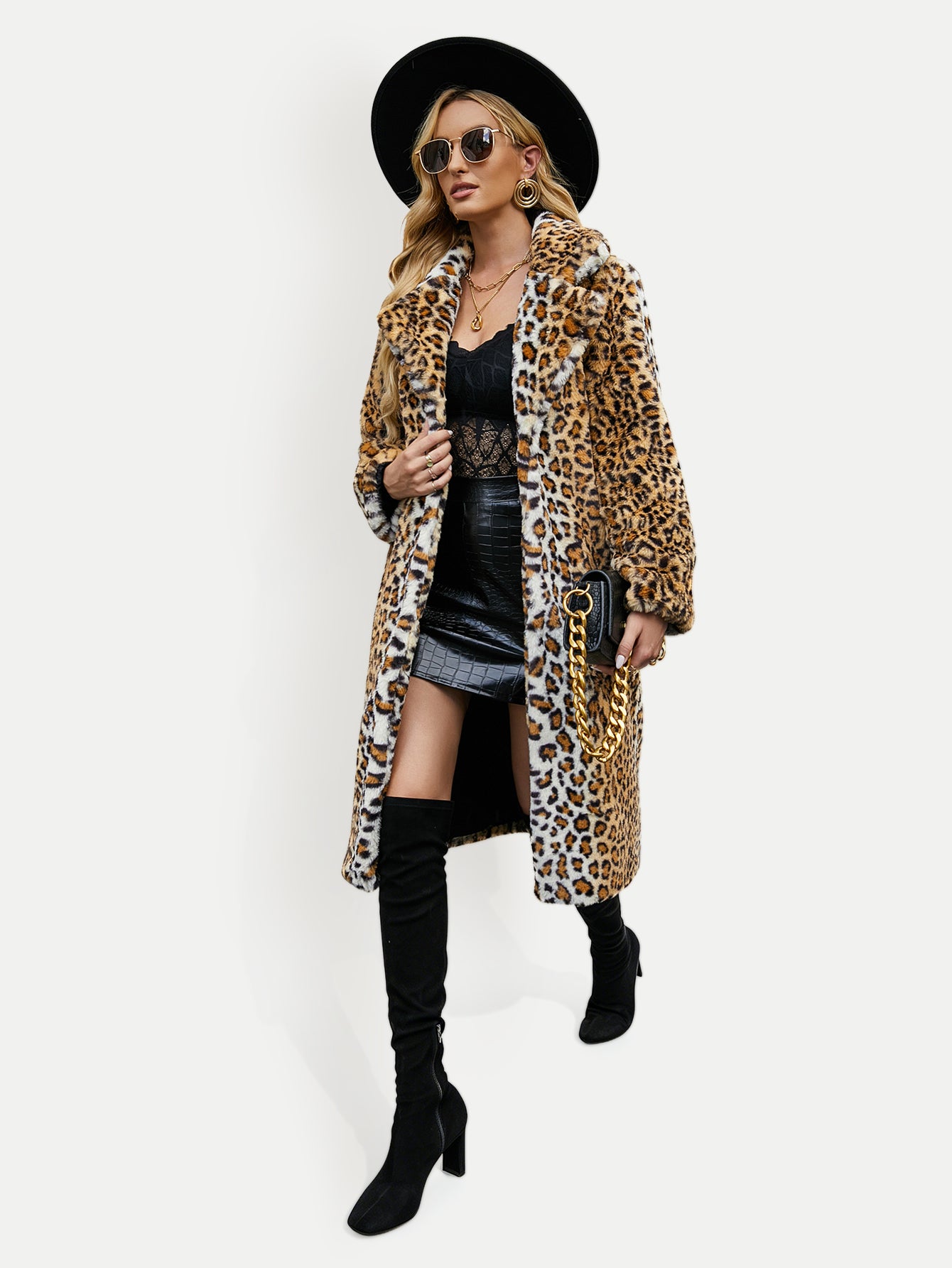 Leopard Print Faux Fur Notched Lapel Coat Fluffy Plush Furry Jacket