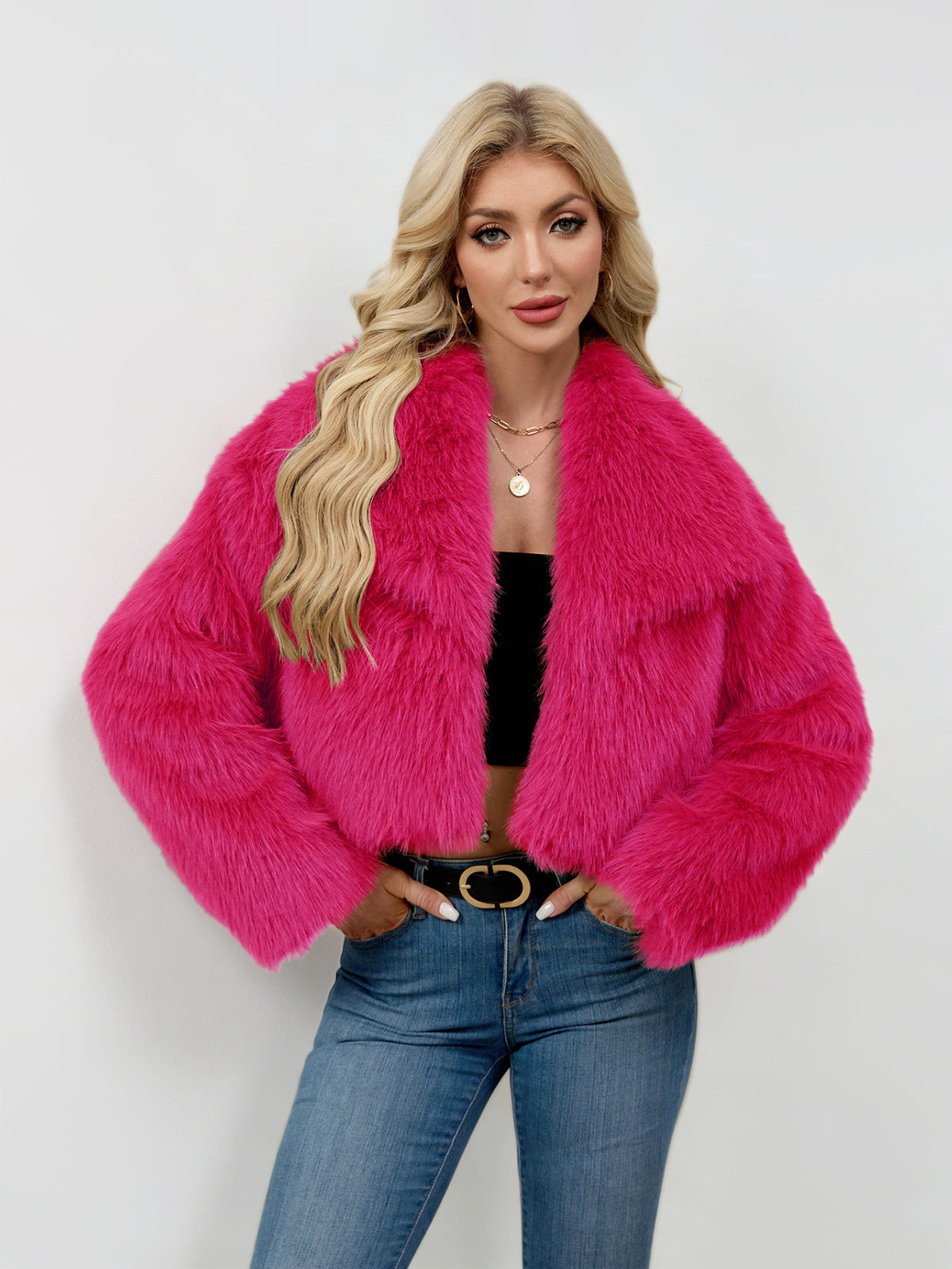 Faux Fur Cropped Jacket Fluffy Lapel Short Fur Coat For Rave & Party