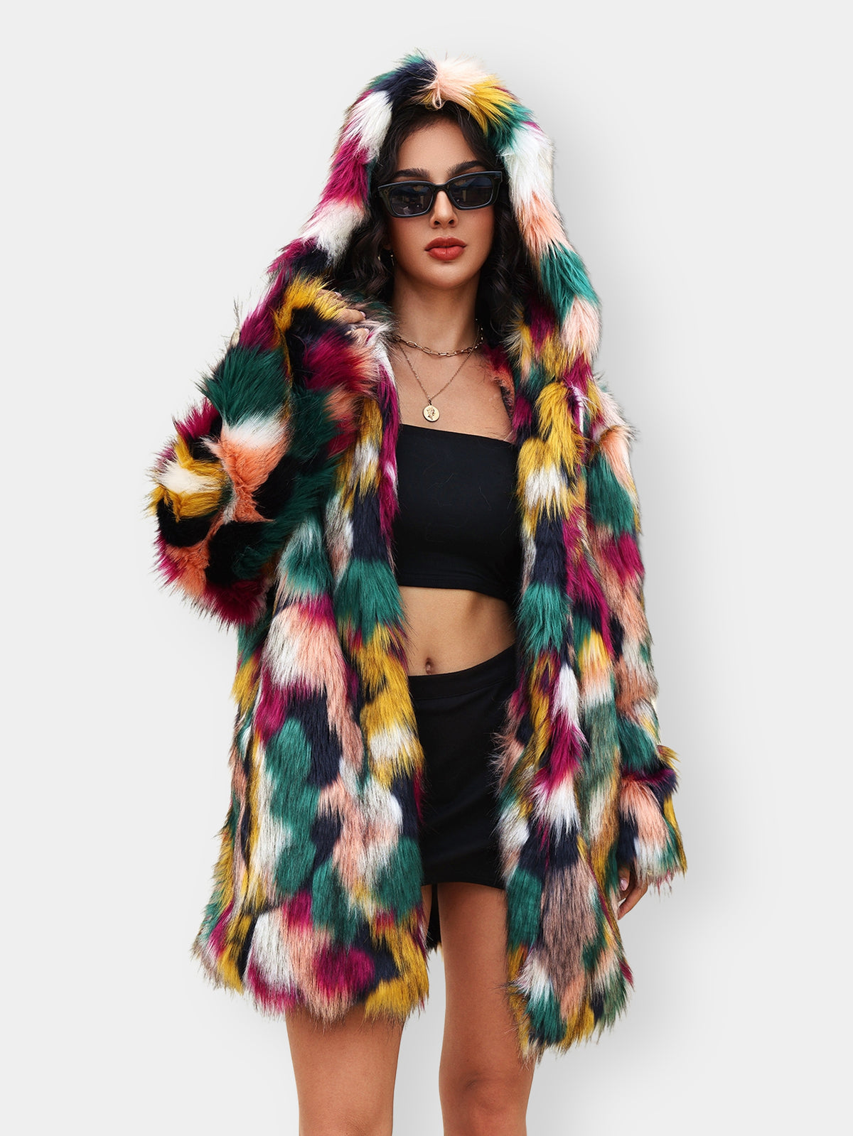 Multi-Color Patchwork Faux Fur Hooded Coat Fluffy Shaggy Jacket