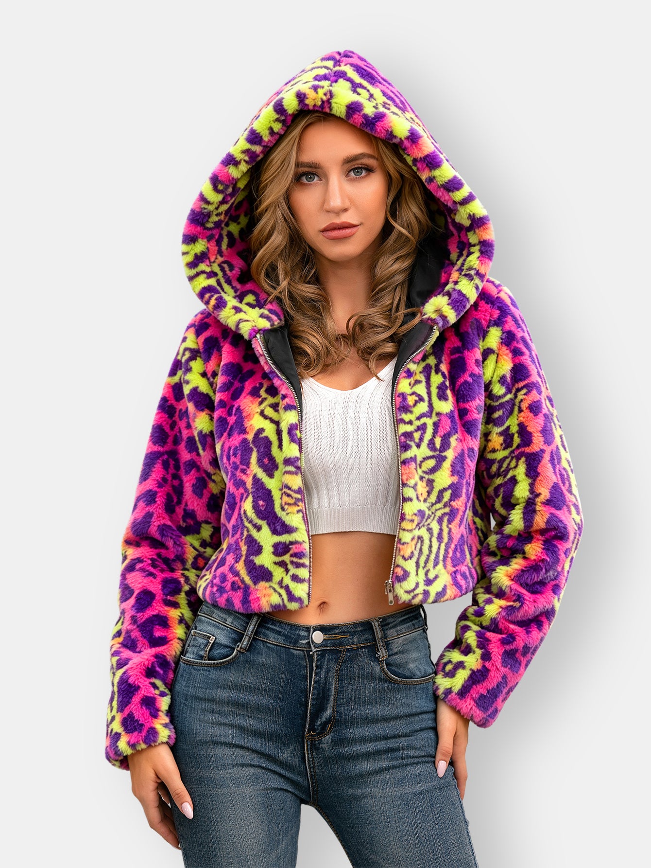 Women Colorful Leopard Print Fuzzy Fleece Cropped Hooded Jacket