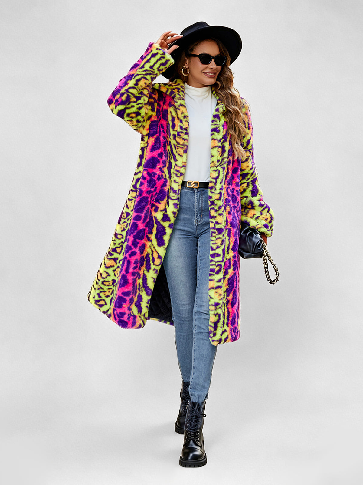 Women Neon Leopard Print Faux Fur Long Coat