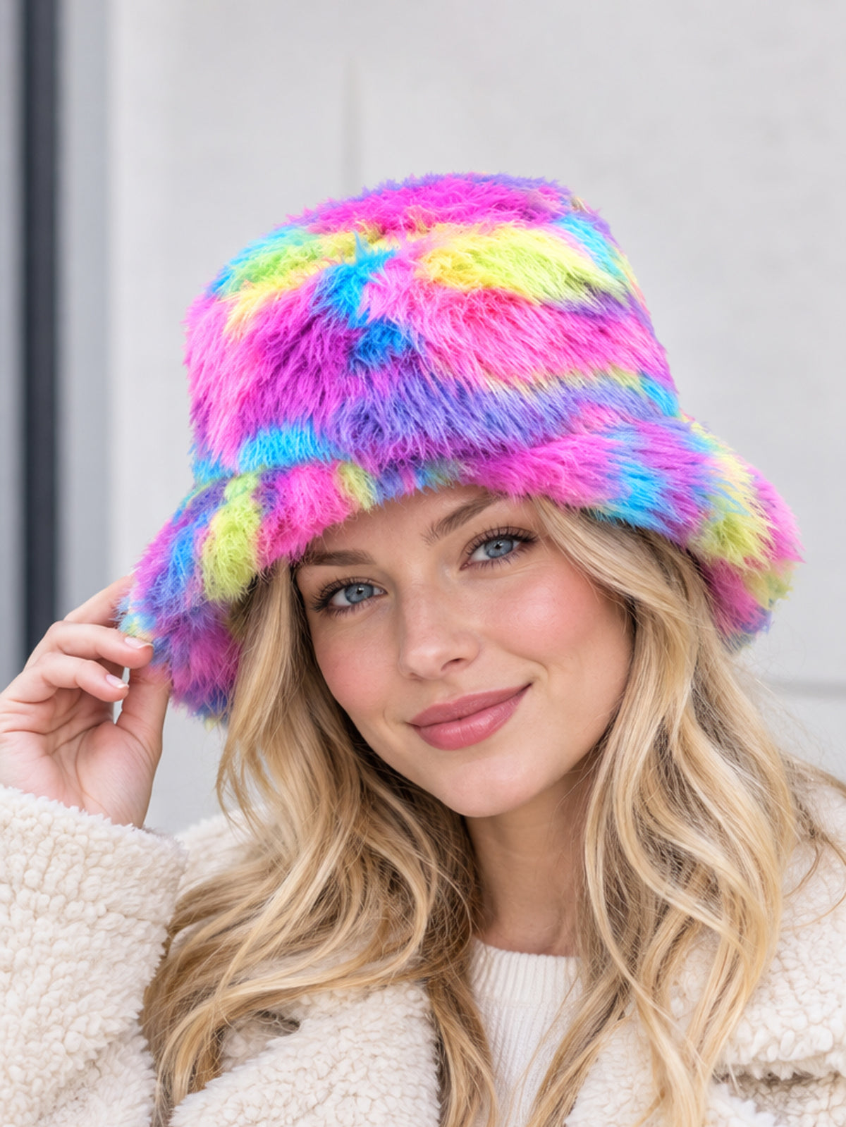Rainbow Plush-Texture Faux Fur Bucket Hat
