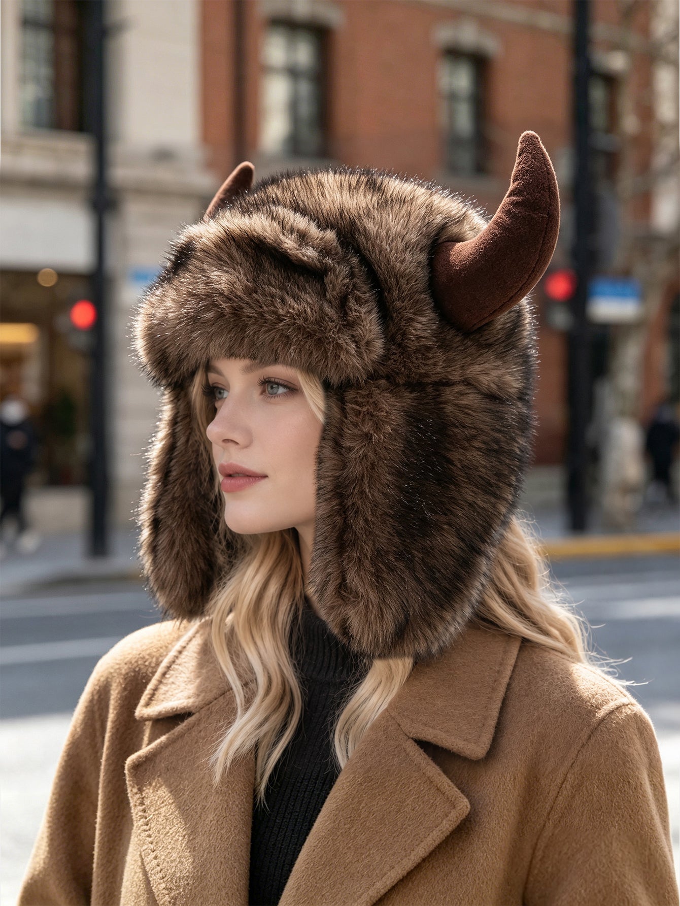 Fluffy Faux Fur Buffalo Horn Trapper Hat With Ear Flaps