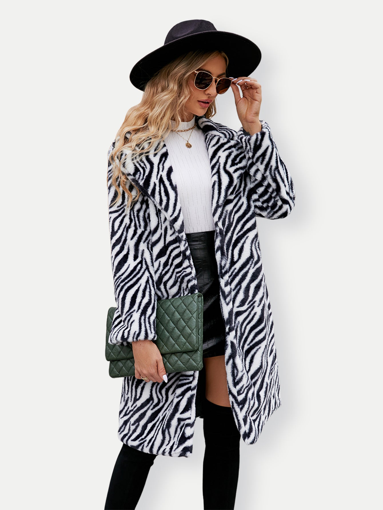 Tiger Zebra Striped Print Faux Fur Coat Notched Lapel Mid-Length Fluffy Furry Jacket