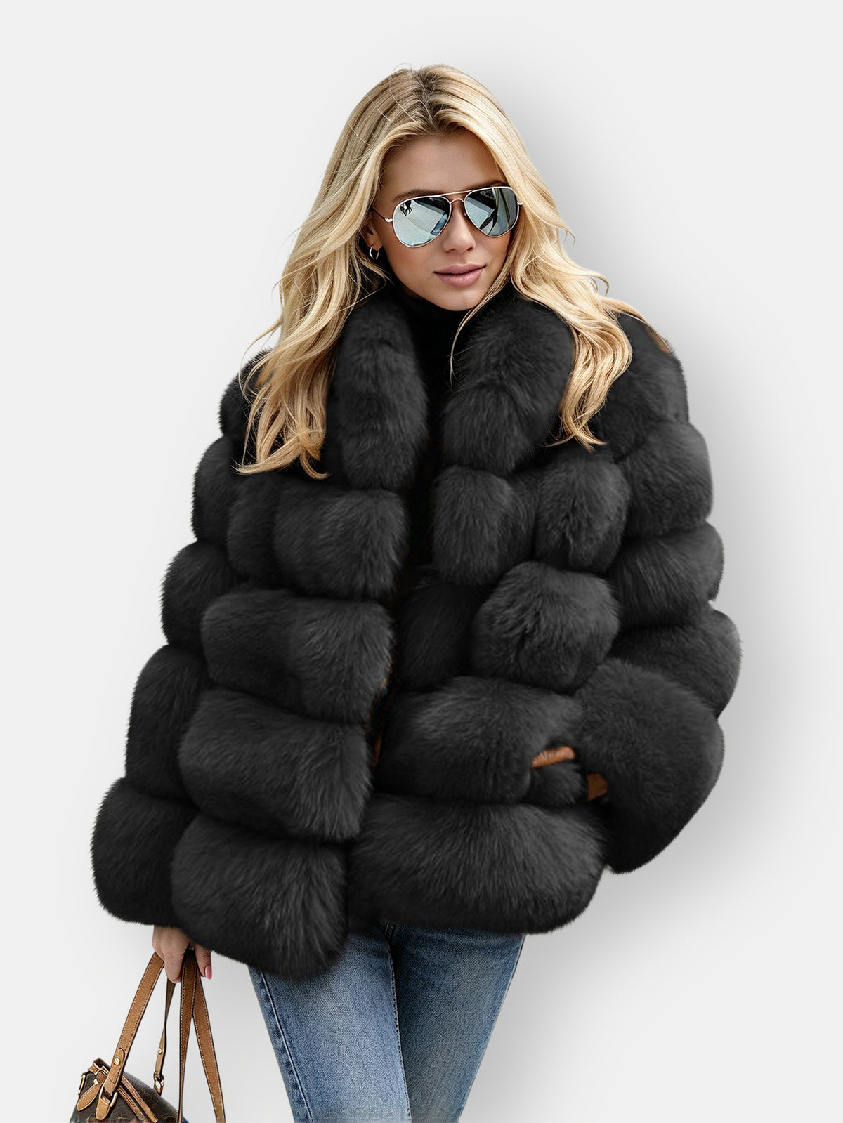 Horizontal Segmented Plush Furry Faux Fur Coat