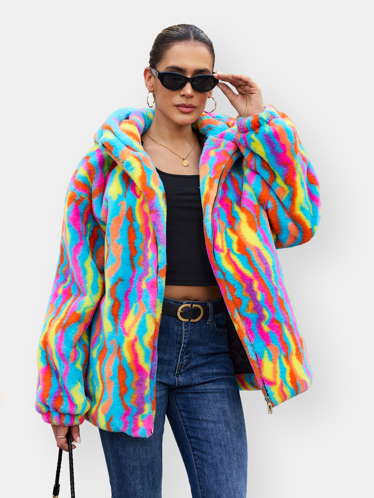 Rainbow Swirl Hooded Faux Fur Jacket Colorful Psychedelic Zip Up Fluffy Coat For Rave Festival