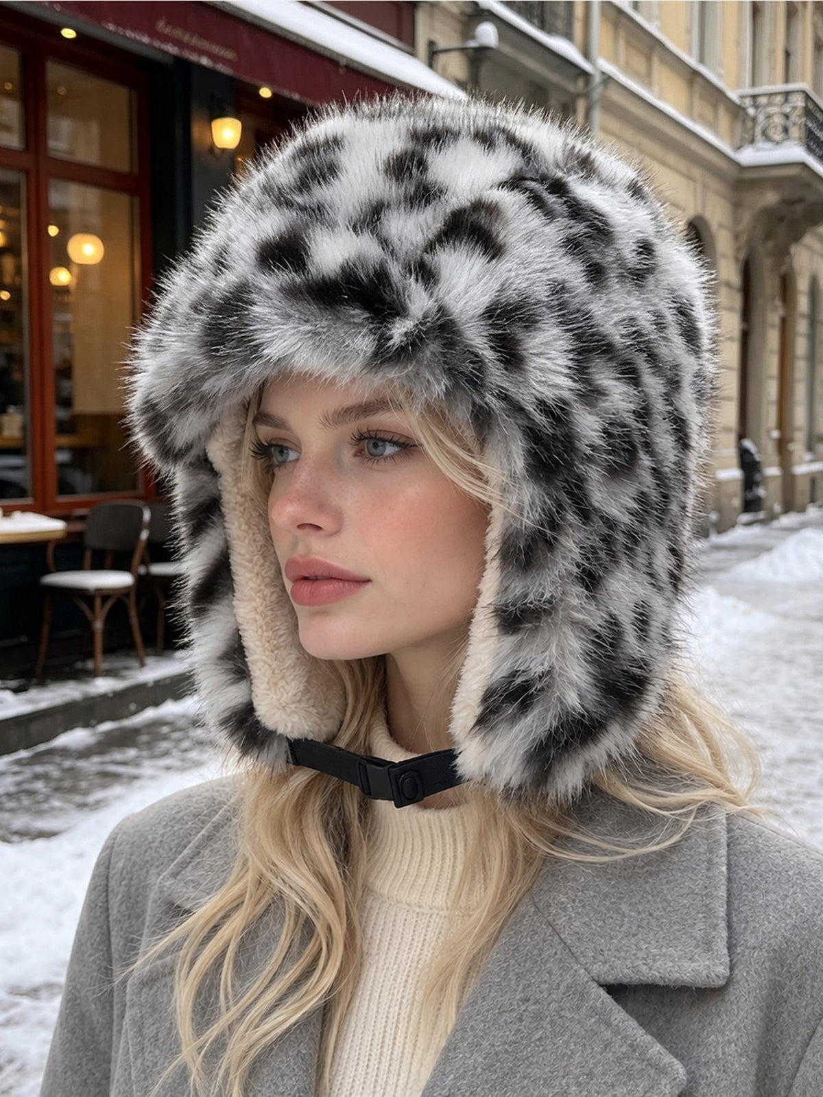 Leopard Print Faux Fur Trapper Hat Thick Plush Earflap Aviator Hat
