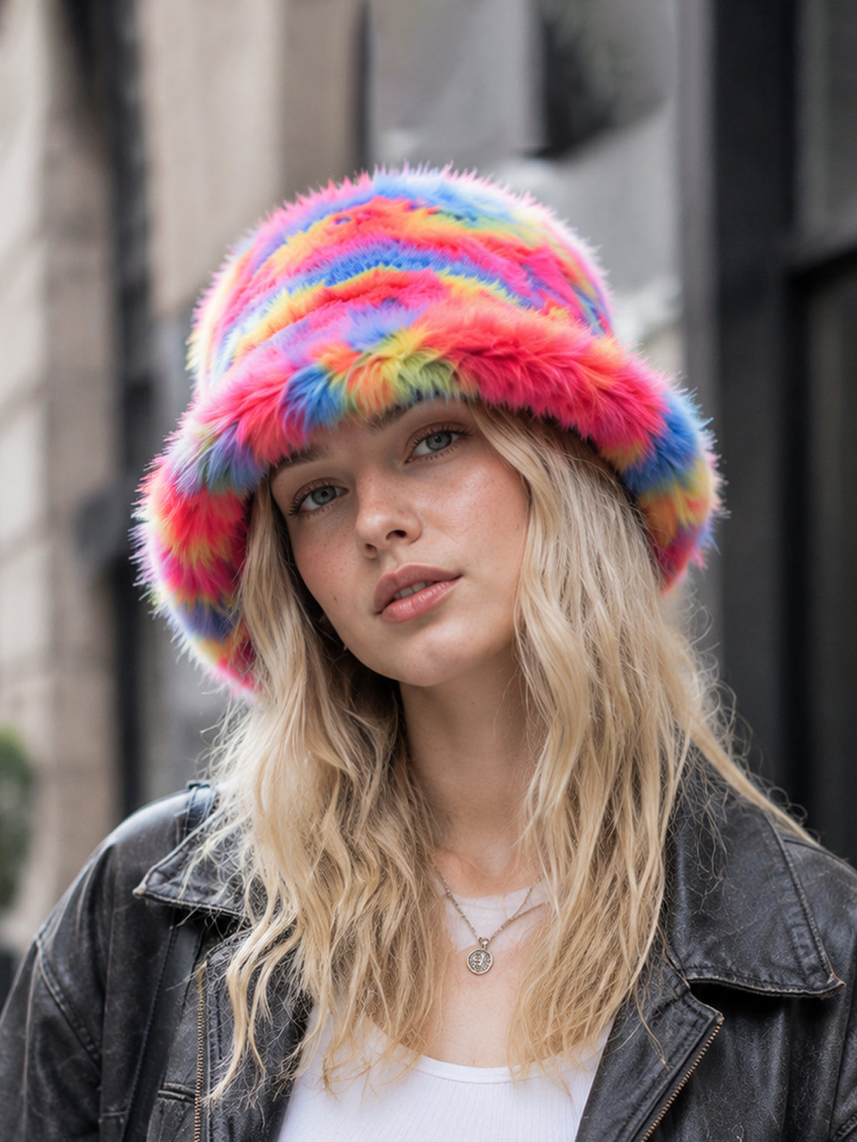 Rainbow Plush-Texture Faux Fur Bucket Hat