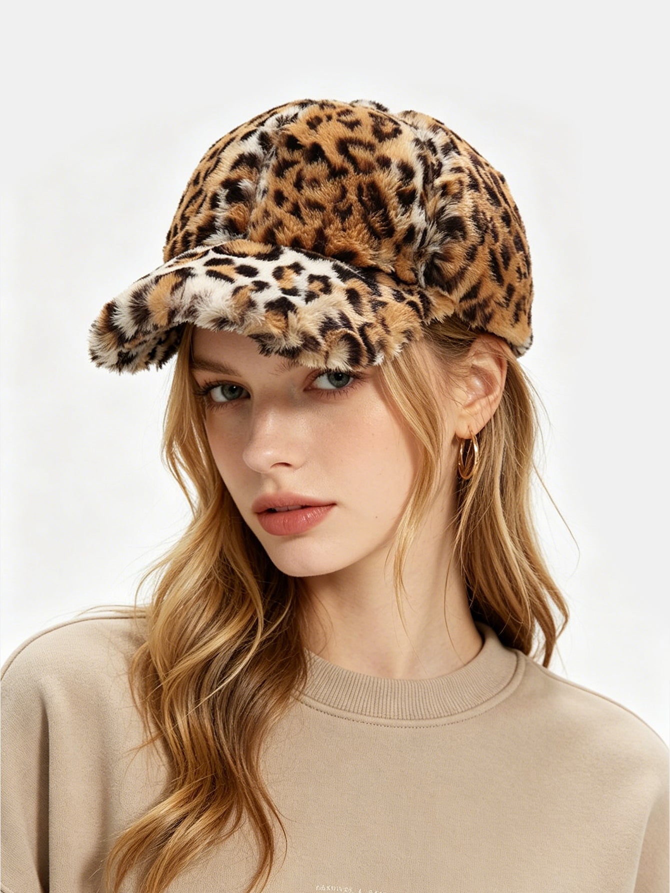 Fuzzy Fluffy Faux Fur Leopard Print Baseball Cap