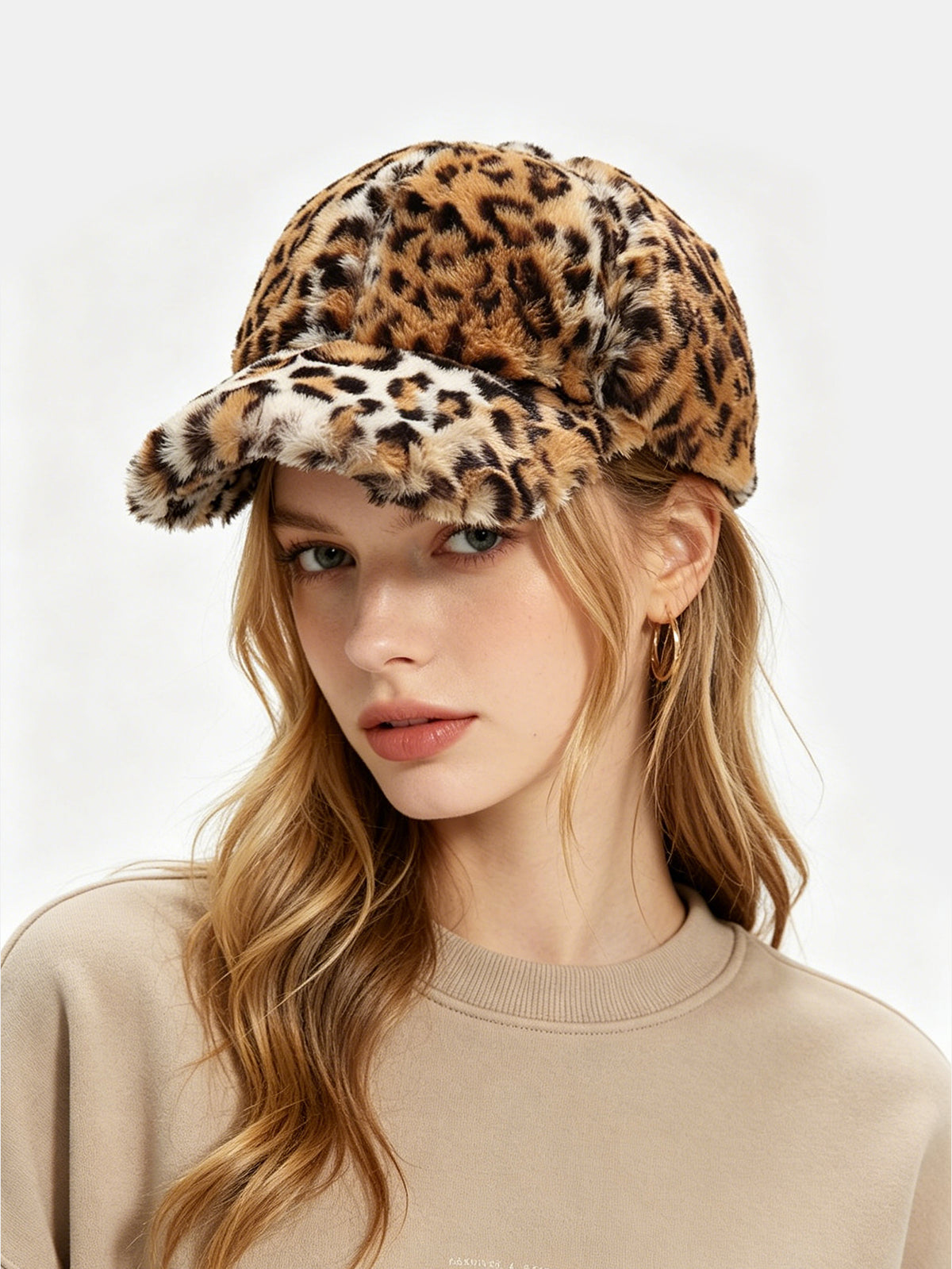 Fuzzy Fluffy Faux Fur Leopard Print Baseball Cap