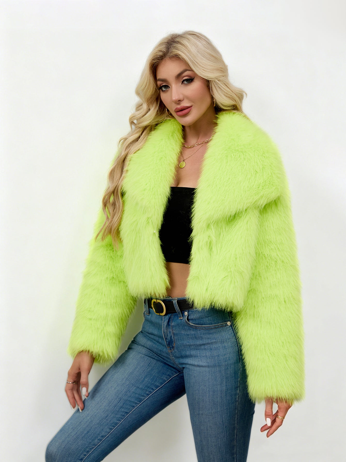 Faux Fur Cropped Jacket Fluffy Lapel Short Fur Coat For Rave & Party
