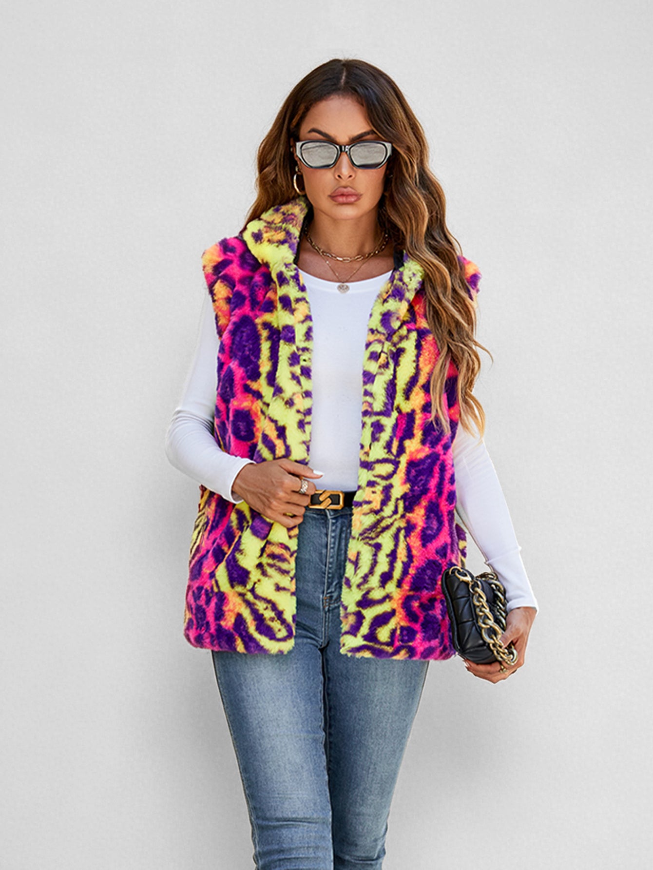 Colorful Leopard Print Faux Fur Hooded Vest