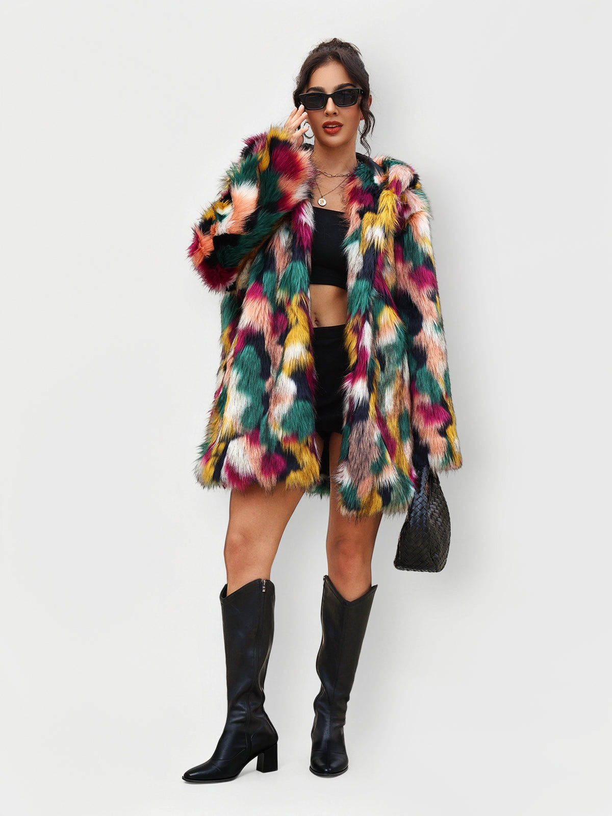 Multi-Color Patchwork Faux Fur Hooded Coat Fluffy Shaggy Jacket