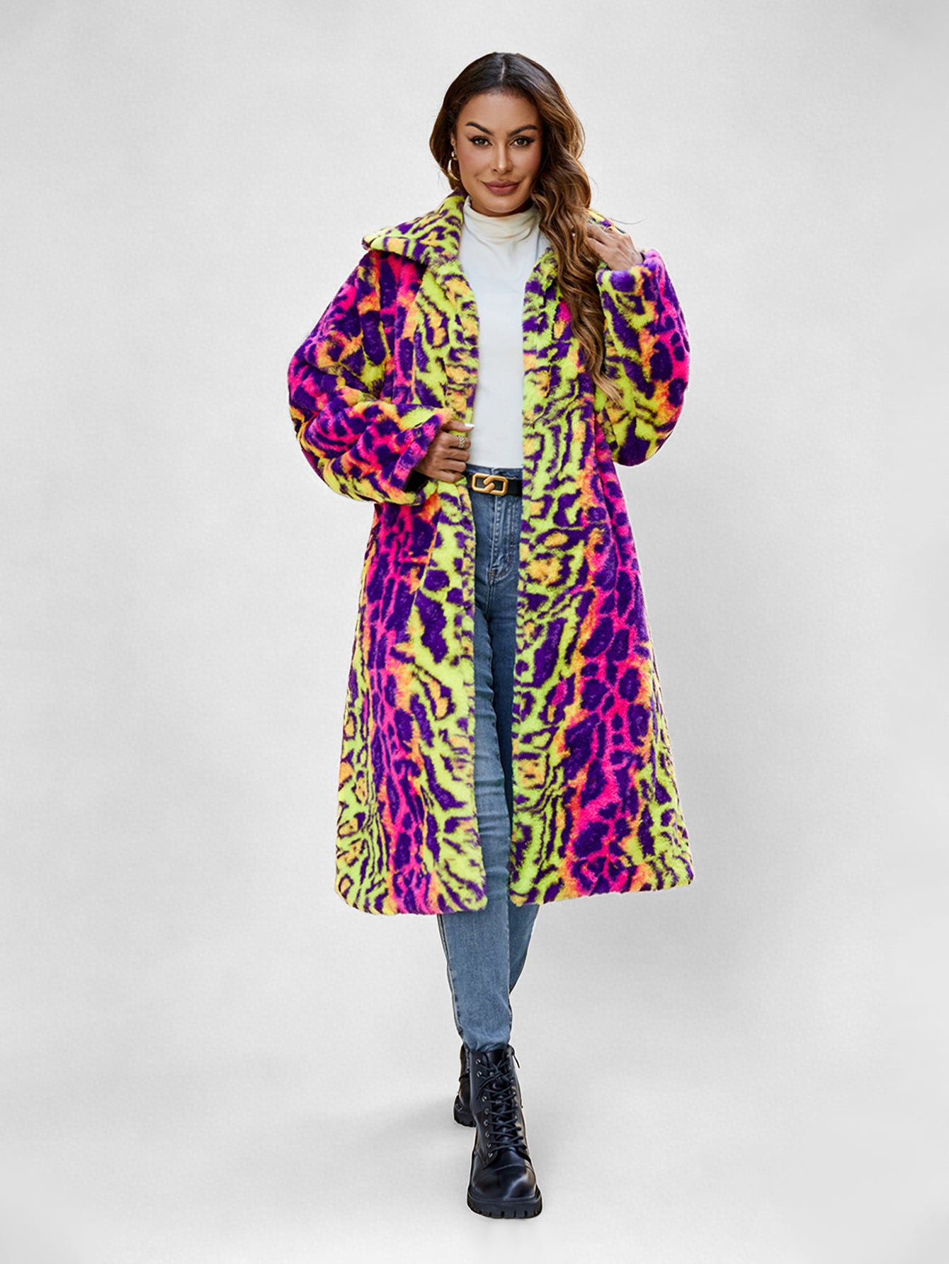 Women Neon Leopard Print Faux Fur Long Coat