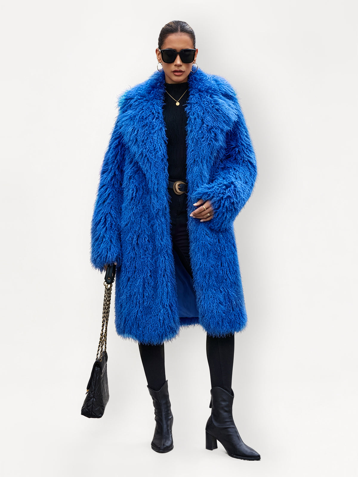 Women Solid Shaggy Faux Fur Mid-Long Coat Oversized Lapel Fluffy Furry Open Front Winter Outerwear