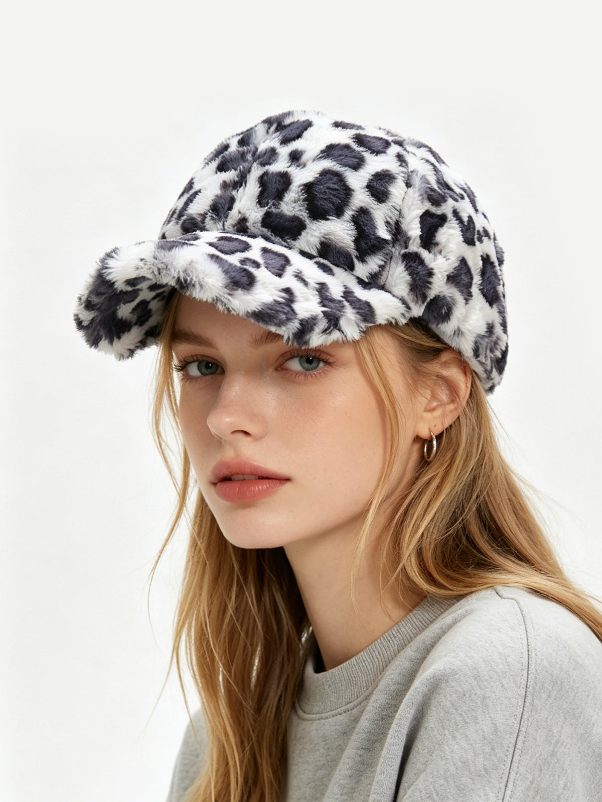 Fuzzy Fluffy Faux Fur Leopard Print Baseball Cap