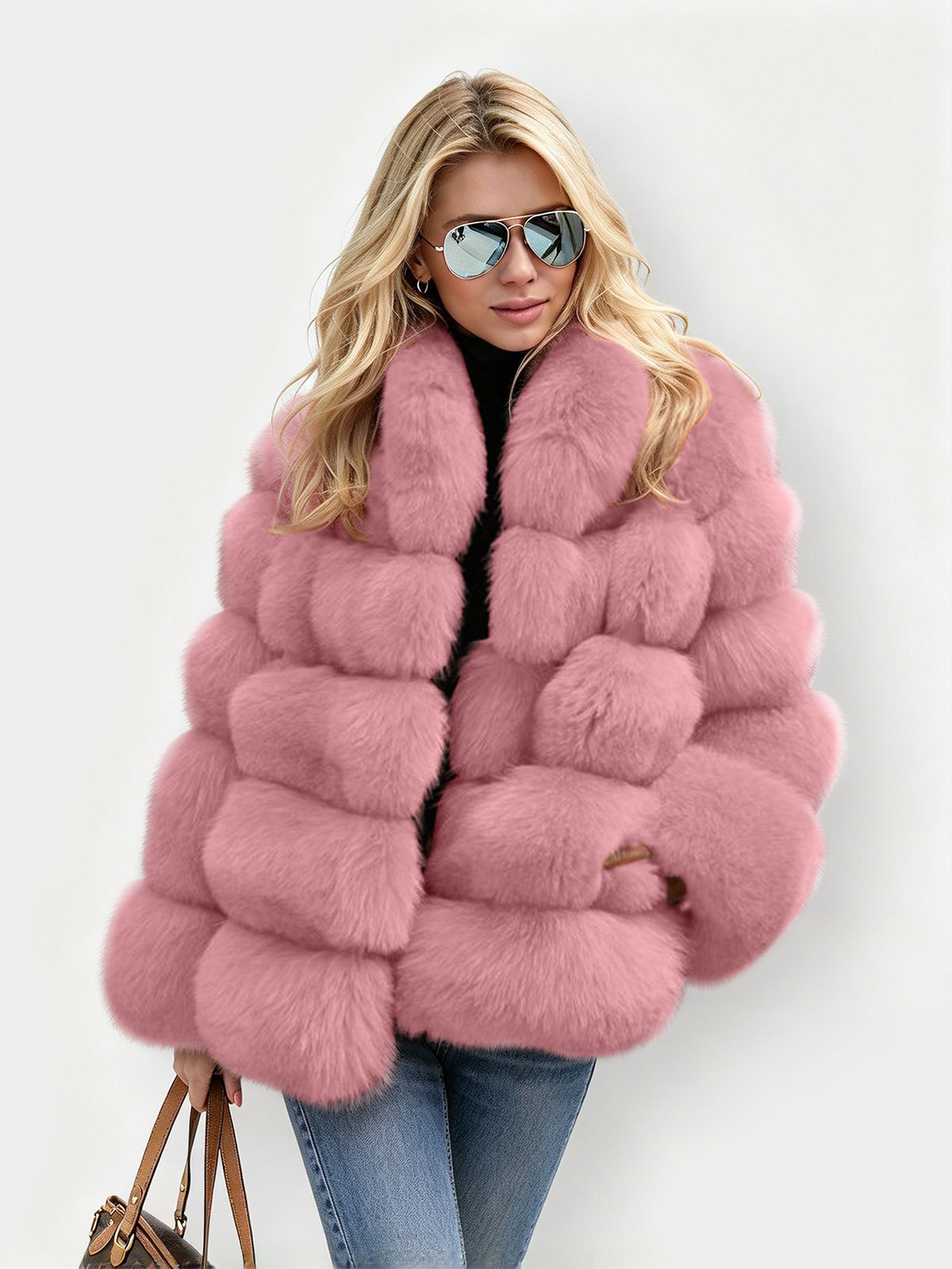 Horizontal Segmented Plush Furry Faux Fur Coat