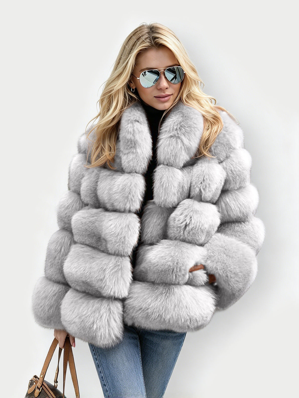 Horizontal Segmented Plush Furry Faux Fur Coat