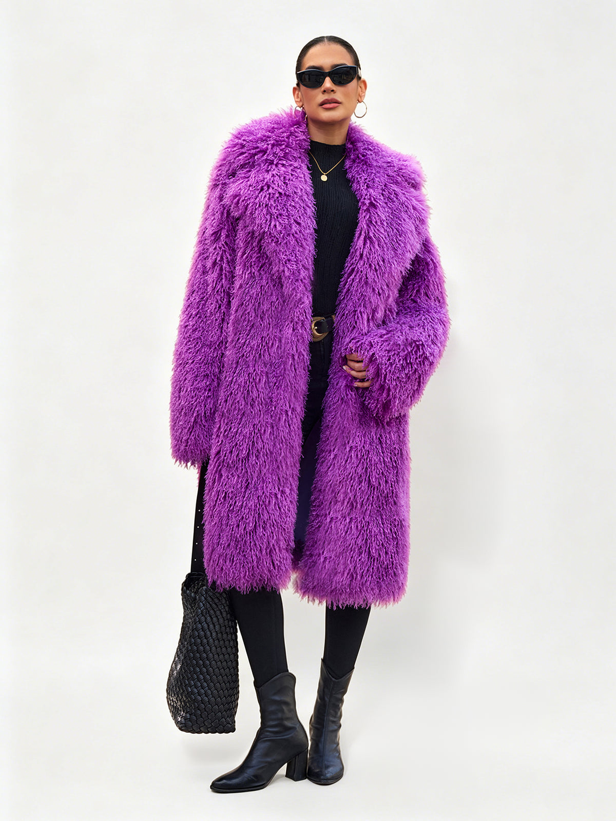 Women Solid Shaggy Faux Fur Mid-Long Coat Oversized Lapel Fluffy Furry Open Front Winter Outerwear