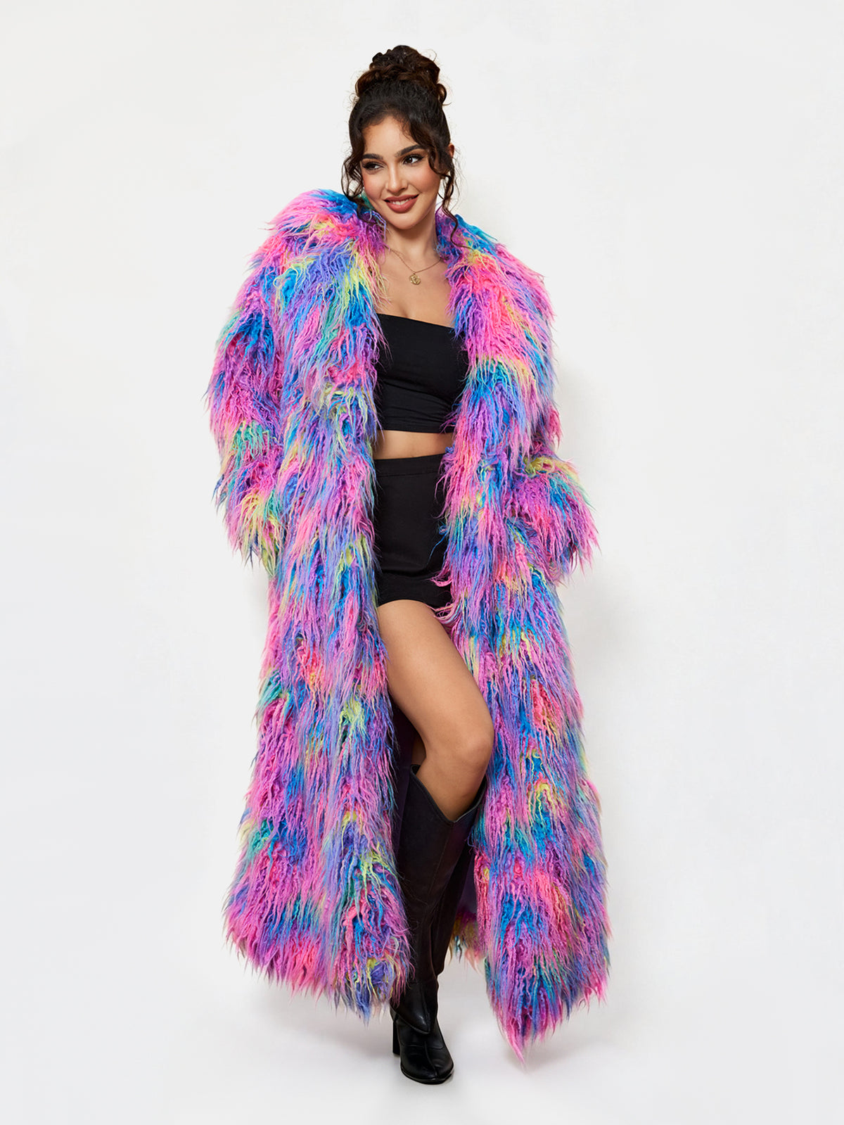 Women Rainbow Shaggy Faux Fur Long Coat Oversized Fluffy Furry Maxi Jacket