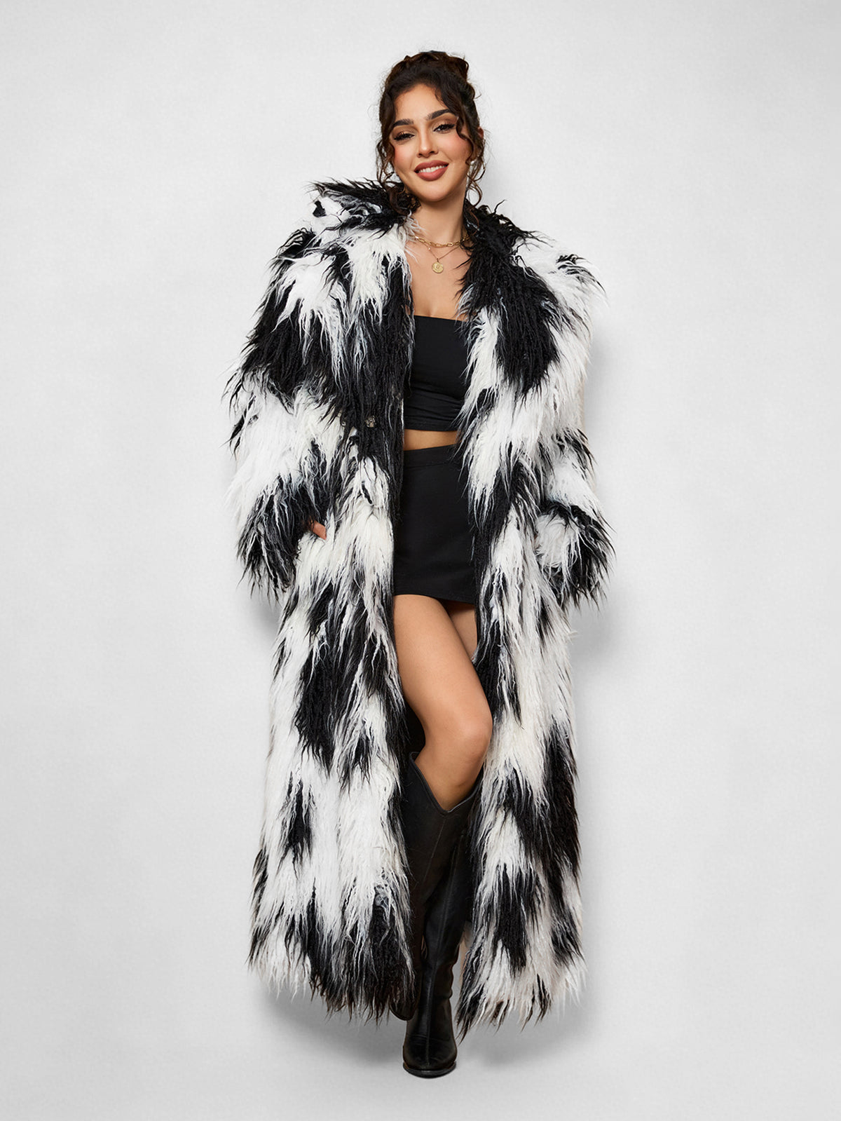Women Rainbow Shaggy Faux Fur Long Coat Oversized Fluffy Furry Maxi Jacket
