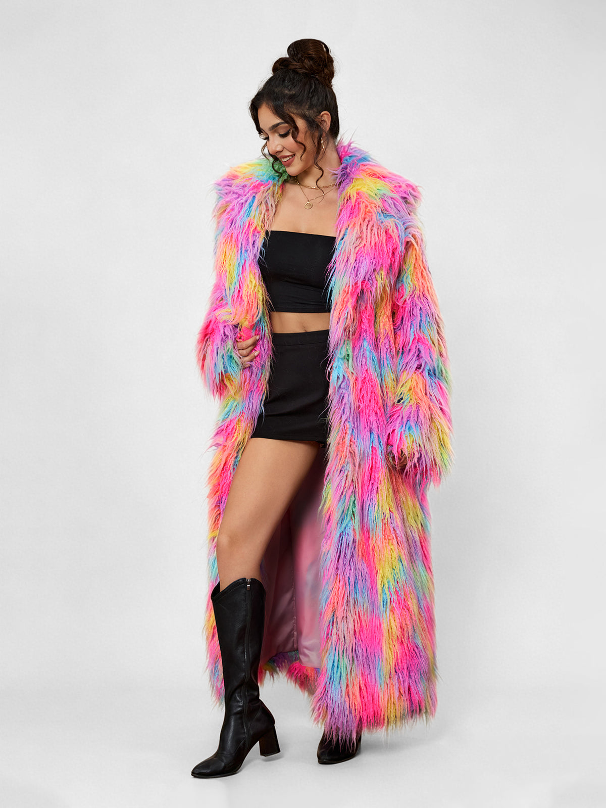 Women Rainbow Shaggy Faux Fur Long Coat Oversized Fluffy Furry Maxi Jacket